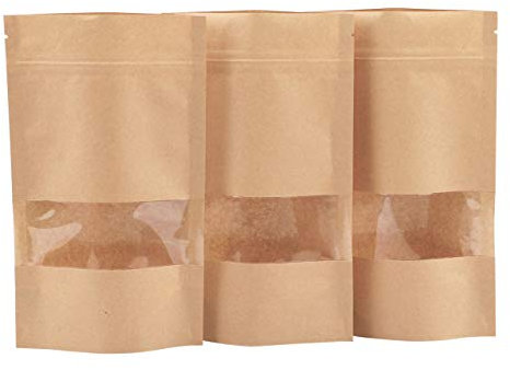 Katfort Kraftpapiertüten mit Fenster, 100 Stück, 19,8 x 11,7 cm, aufstellbare Beutel, wiederverschließbare Papiertüten für kleine Unternehmen, Familie, Unternehmen