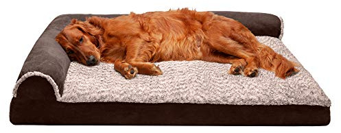 FurHaven Large Memory Foam Dog Bed Two-Tone Faux Fur & Suede L Shaped Chaise w/Removable Washable Cover - Espresso, Large