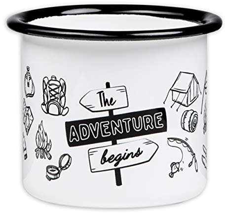 MUGSY Emaille Tasse, The Adventure Begins Design, 300ml, Camping Motiv, bruchfest & leicht