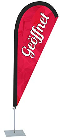 Vispronet Beachflag - Geöffnet versch. Farben ✓ versch. Halterungen ✓ Tropfenform ✓ Höhe 2,04 m ✓ Indoor & Outdoor (mit Bodenplatte, Rot-Weiß)