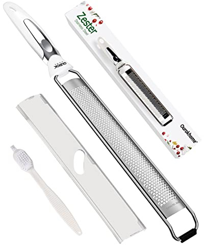 Ourokhome Kitchen Lemon Zester, Stainless Steel Hand Held Parmesan Cheese Grater for Ginger, Chocolate, Coconut, Lime, Nutmeg, Citrus, Fruit, Vegetable with Cleaning Brush, Dishwasher safe, White