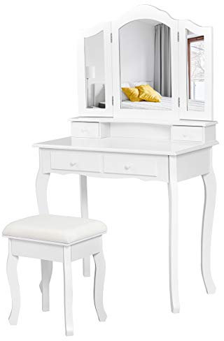 COSTWAY Schminktisch mit Hocker, Frisiertisch mit 3-teiligem klappbarem Spiegel, Frisierkommode mit 4 Schubladen, Make-Up-Tisch Kosmetiktisch mit abnehmbarem Oberteil (Weiß)