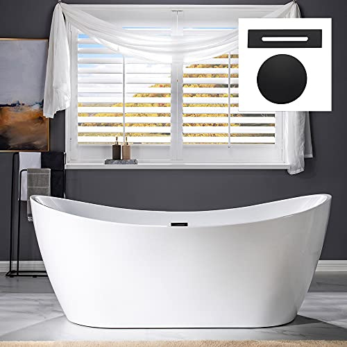 WOODBRIDGE 71 Acrylic Freestanding Bathtub Contemporary Soaking Tub , White Acrylic ( Matte Black Drain/Overflow),B0017 MB Drain &O