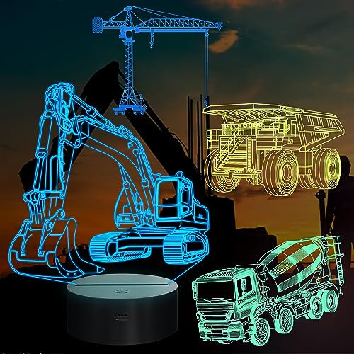 YuanDian Schwere Maschinen 3D Lampen Kits, Bagger, Turmdrehkrane, Transit Mischer, Bergbau Muldenkipper 3D Nachtlicht für Kinder (4 Muster) mit Fernbedienung & 16 Farben Licht
