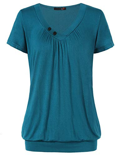 DJT Damen Sommer Casual Basic T-Shirt Kurzarm V-Ausschnitt mit Knopf Deko Elegant Falten Tuniken Oberteile Tops Blaugrün XXL