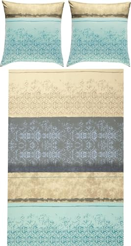 Erwin Müller Bettwäsche, Bettgarnitur Mako-Satin Ornamente Mint-Silber Größe 80x80 cm / 200x220 cm - feinste Baumwolle, angenehmes Schlafklima, mit praktischem Reißverschluss