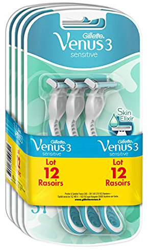 Gillette Simply Venus 3 Sensitive Rasoirs Jetables Femme Bande Lubrifiante Skin Elixir, Lot de 12 (3 x 4) Peaux Sensibles, Avec 3 Lames Qui Epousent Les Courbes [OFFICIEL]