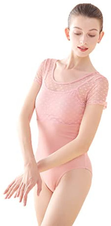 Daydance Ballett-Outfits für Mädchen und Frauen, Spitzenärmel, Tanztrikot für Gymnastik, Aerial Yoga, Schwimmen, Pink-Imitat, 2-teilig, X-Large