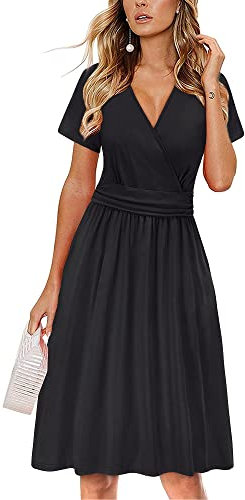 OUGES Women's Summer Short Sleeve V-Neck Floral Casual Ladies Dress with Pockets(Black,M)