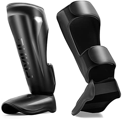FIVING MMA Martial Arts Shin Guards – Padded, Adjustable Muay Thai Leg Guards with Instep Protection for Kickboxing/MMA Training and Sparring – Durable, Professional MMA Equipment (Black, Medium)