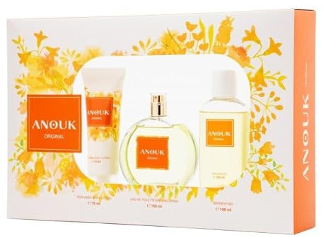 ANOUK - Original Eau de Toilette, 100 ml + Körpercreme 75 ml + Duschgel 100 ml, Geschenkset für Damen, Parfüm, Eau de Toilette, feminin, blumig, fruchtig, frisch, langanhaltend