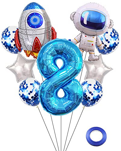 Kawailay Weltraum Luftballon Set Astronauten Geburtstag Deko 8 jahre Astronauten Raketen Folienballon Blau Zahl 8 Luftballons Aluminium Ballon für Kinder Jungen Mädchen Geburtstag Party
