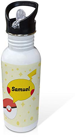 LolaPix Bouteille personnalisée. Cadeaux personnalisés pour les fans. Bouteille en acier inoxydable. Sans BPA. Capacité 600ml. Paille Stop bouteille. PIKA