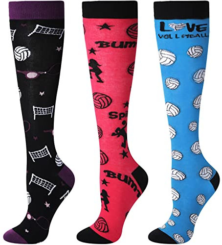 Vicenpal 3 Paar Damen Volleyball Kniestrümpfe Neuheit Sport Lustige Kniestrümpfe Volleyball Liebhaber Geschenke für Mädchen 6-12, Gekämmte Baumwolle, Polyester und Elasthan