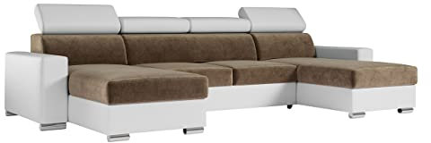 MKS MEBLE Sofa U Form Wohnlandschaft Mit Schlaffunktion, XXL Couch, Polstersofa Mit Bettkasten - Fox U Hellbraun Weiß Monolith