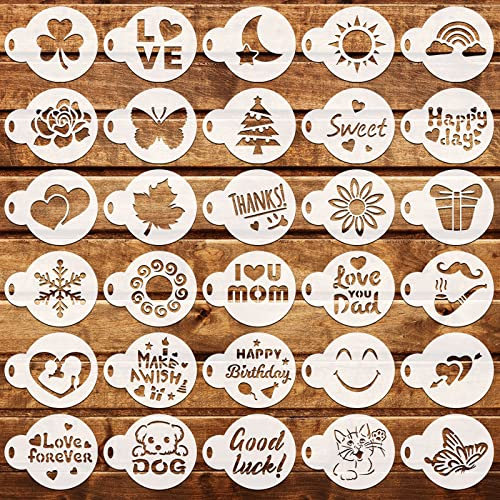 OOTSR 30 Stück Weihnachten Kaffee und Backen Schablonen für Dekoration, Kuchenvorlagen Backwerkzeuge, Cappuccino Pulver Dekoration Schablone für Kekse Heiße-Schokolade Cupcake
