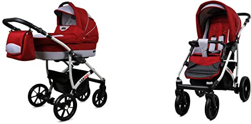 BabyLux Largo 2-in-1 Baby Kinderwagen Tief und Kinderwagen mit Zubehör Verstellbar und faltbar Aluminiumkonstruktion Wasserdicht Nicht abnehmbare Räder Chili Silver Silver Frame