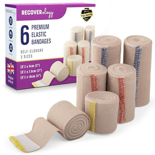 Recoverology Bendaggio elastico di alta qualità con chiusura automatica, confezione da 6 (2 x 5 cm, 2 x 7, 5 cm, 2 x 10 cm) - Bendaggio a compressione per polsi, gomiti, caviglie, ginocchia