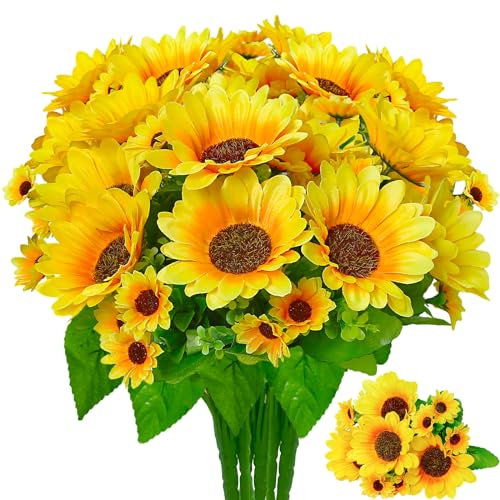 Kinisty 4 Bündel Kunstblumen Deko Sonnenblumen Künstlich, Fake Blumen Outdoor Wetterfest Seidenblumen wie Echt für Sommer Herbst Garten Balkon Außen Innen Deko