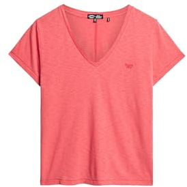 Superdry Damen Strukturiertes T-Shirt mit V-Ausschnitt und Stickerei Würzig Koralle 38