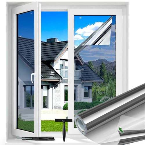 Evofensteere UV Folie Hitzeschutz 90x400cm Selbsthaftend Spiegelfolie Fenster Sichtschutz Rückstandslose Sonnenschutzfolie innen oder außen Thermofolie Fenster Gegen Hitze Silber