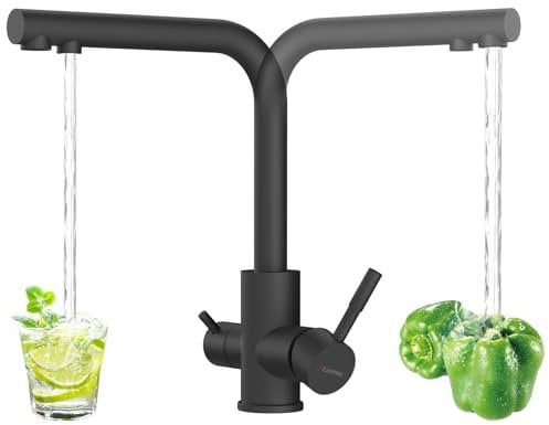 DAYONE Schwarz 3 Wege Wasserhahn mit Filter, SUS304 Edelstahl Trinkwasserhahn, 360 Drehbarer Wasserhahn mit Doppelhebel, 3 in 1 Wasserfilter Wasserhahn Küchen Mischbatterie 1 Loch, Küchenarmatur