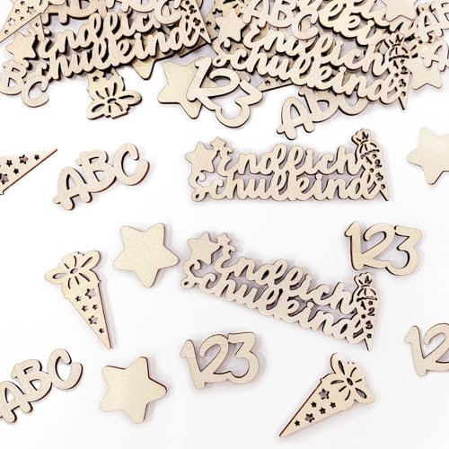 Schulkind Einschulung Deko Konfetti Holz, Tischdeko für Schulkind 2025 und Deko Einschulung Mädchen Junge Einschulungsfeier - Endlich Schulkind, 123, ABC, Stern, Zuckertüte Motiv für Schuleinführung