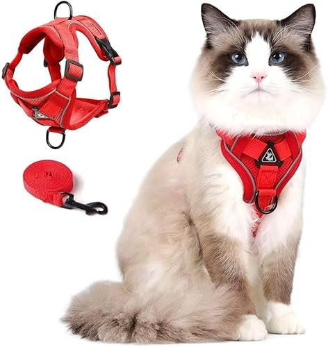 Skmeditec Katzengeschirr mit Leine Ausbruchsicher: Verbesserte Ausbruchsicher Weste mit Leine für große Katzen, kleine Hunde, Welpen, Spaziergänge, Weiche Jacke, Reflektierende Streifen,L Rot