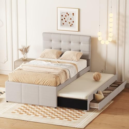 Cama doble tapizada con 3 cajones, cama nido y cabecero ajustable, color gris, 90 x 200 cm (90 x 190 cm), color beige