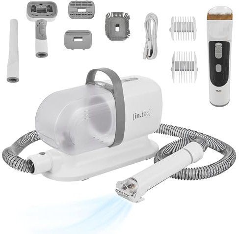 in.tec Kit Toelettatura 5 in 1 per Animali Domestici Tosatrice Elettrica e Aspirapolvere con Contenitore Rimovibile Trimmer Cani Gatti Asciugapeli - Bianco/Grigio