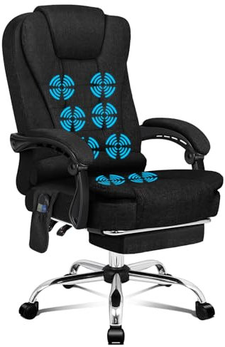 ALFORDSON Ergonomischer Bürostuhl, Schreibtischstuhl mit Wärmemassagefunktion, Leinenstoff Computerstuhl mit gepolsterten Armlehnen und weicher Kopfstütze, Drehstuhl mit Rollen, Schwarz, Leinen