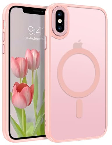 GUAGUA Magnetisch Hülle für iPhone X, iPhone XS [Kompatibel mit MagSafe] Matt Handyhülle Stoßfest Durchscheinende Rückseite Dünn Schutzhülle Case für iPhone X/XS (5,8 Zoll) Rosa/Pink
