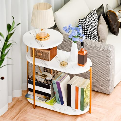 Table d'appoint étroite à 3 niveaux avec étagère de rangement, table de canapé moderne et fine pour les espaces étroits et petits, petite table de chevet fine avec porte-revues, économie d'espace