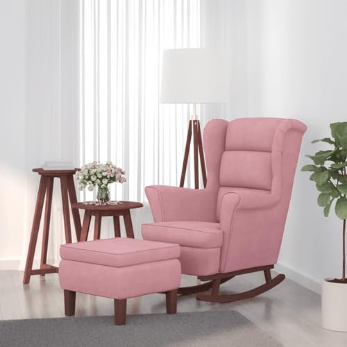 Homgoday Sessel, Sessel, Relaxsessel, Schlafsessel, Schaukelsessel mit Holzbeinen und Fußstütze, rosa Samt