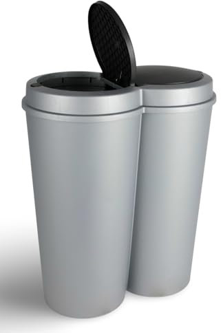BURI Poubelle de 50 l, à 2 compartiments, 57 x 49 x 30 cm, 50 l, avec couvercle gris, système de tri des déchets, double système de tri des déchets, double poubelle, en plastique, 2 x 25 l