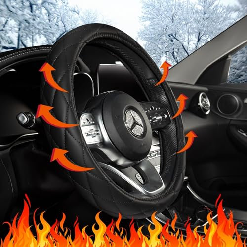 Heated Steering Wheel Cover - WARMITORY Luxury Steering Wheel Heater, 12V Quick Hand Warmer, 14.5-15 inches Outer Diameter for Standard-Size Car Steering Wheels, Black (Leatheret PU) (Deep Black)
