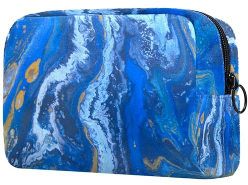 Trousse de maquillage avec texture bleue et dorée pour femme, trousse de toilette de voyage, grande pochette de maquillage pratique avec fermeture éclair, multicolore, 18.5x7.5x13cm/7.3x3x5.1in,