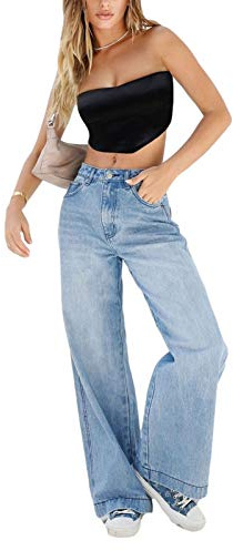 LYSINK Women Wide Leg Jeans Loose High Waisted Straight with Pockets Pants Summer Spring Casual Denim Long Trouser