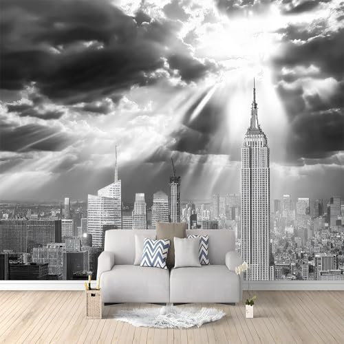 Papier peint intissé New York Skyline avec soleil Muraux 300 x 210 cm Tapisserie Photo Décoration Murale Salon Chambre Gris et blanc