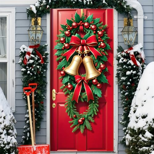 Surwin Campana Forro Puerta Navidad, 90x200cm Adornos Navidad Decoración de Cubierta de Puerta de Navidad, Decoracion Navidad Entrada Exterior Interior Casa, Pancarta de Navidad (Campanas)