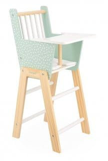 Chaise Haute en Bois fsc Poupon 30,36,42cm, Vert - avec Coussin, Tablette Repas - Jouet Imitation - Set Accessoire Poupee et Carte Tigre