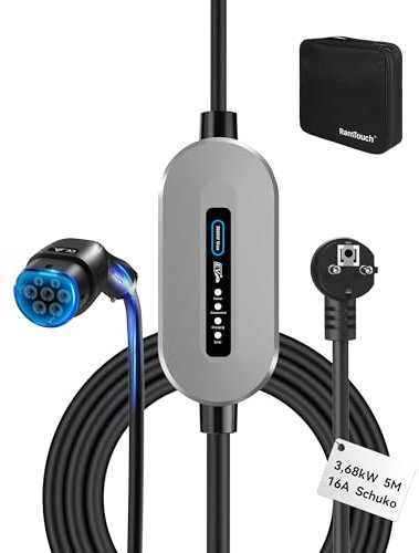 RamTouch Caricatore Auto Elettriche (3,68 kW, 230V / 16A, 5 m), Cavo Ricarica Auto Elettrica Tipo 2 Schuko con LED, Wallbox Portatile Compatibile con Veicoli Elettrici, Ibride e Plug-in