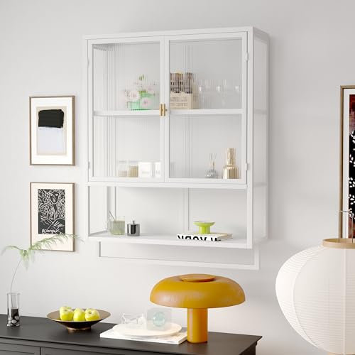 Retro Welle Glastür Wandschrank mit abnehmbaren Regalen, passend für Büros, Esszimmer, Wohnzimmer, Küchen und Badezimmer (A4-Weiß)