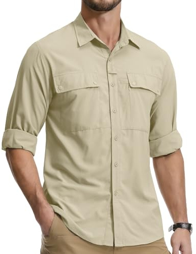 Jessie Kidden Mens Safari Shirts Long Sleeve UV Protection Hiking Fishing UPF 50+ Quick Dry Cooling Camping Travel Shirts #5060-Khaki-L