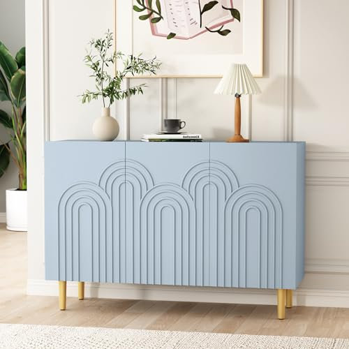 HOLTICO Sideboard with 3 Doors, Accent Buffet Cabinet with Cloud Relief, Modern Wooden Sideboard Storage Cabinet Blue Sideboards for Living Room, Dining Room, Hallway, Kitchen