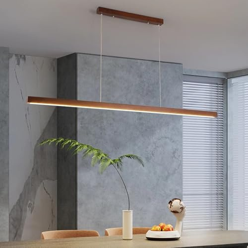 Esstischlampe Holz LED Pendelleuchte Dimmbare Hängelampe Mit Fernbedienung Deckenleuchte Für Küchen Insel Esszimmer Wohnzimmer Bar Hängend Lampen Modern Linear Höhenverstellbare (Holzbraun, L80cm)