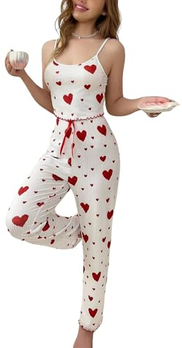 Gatamiau Femme Ensemble Pyjama Imprimé Cœur 2 Pièces Top sans Manches + Pantalon Taille Haute, Pyjama Sexy Chic Vêtements Nuit Confortable