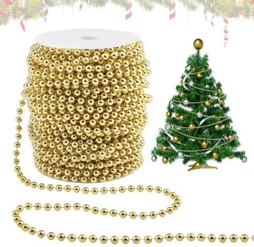GZGXKJ Perlengirlande Weihnachtsbaumketten 30m Weihnachtsbaum Perlenband | 6mm Perlenschnur Christbaumkette, Gold Weihnachtsbaum Perlenkette, Für Deko Hochzeit Party und DIY Projekte
