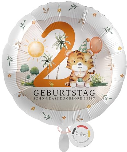 balloa Foil Balloon 2 Years Round Safari Motif with Tiger and Palm Trees, Gift for Second Children's Birthday, Helium Balloon Safari Decoration Animal Party Children's Party Birthday Decoration, 33 cm