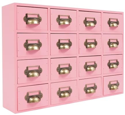 Dokiiovo Desktop Schubladenschrank Holz, Klein Vintage Kommode mit 16 Schubladen, 16-Schubladen-Schrank, Schreibtisch-Schubladen-Organisator für Haushalte, Büros, 50x10x35 cm (Rosa)